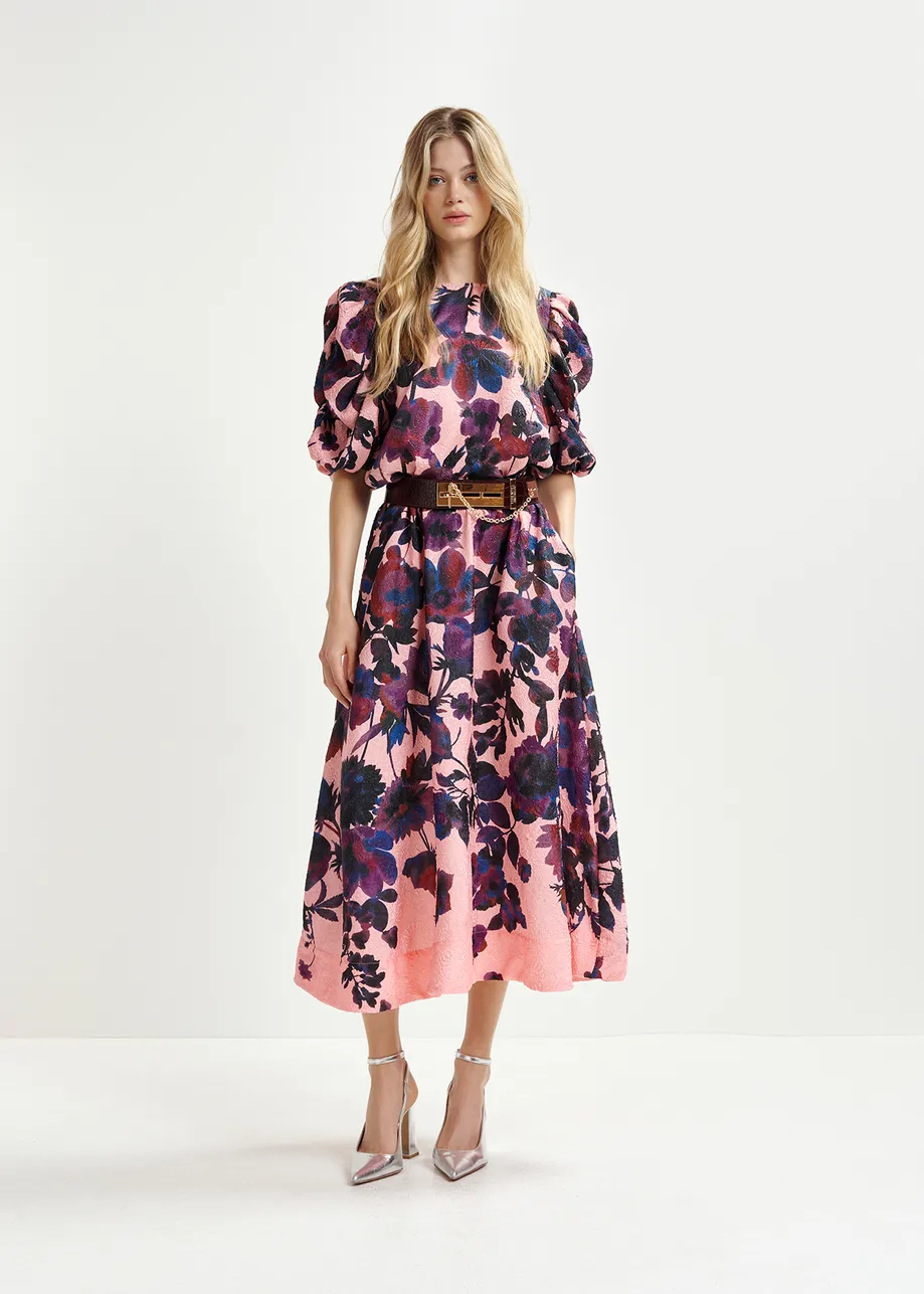 Pink, dark purple and dark blue floral-jacquard midi skirt