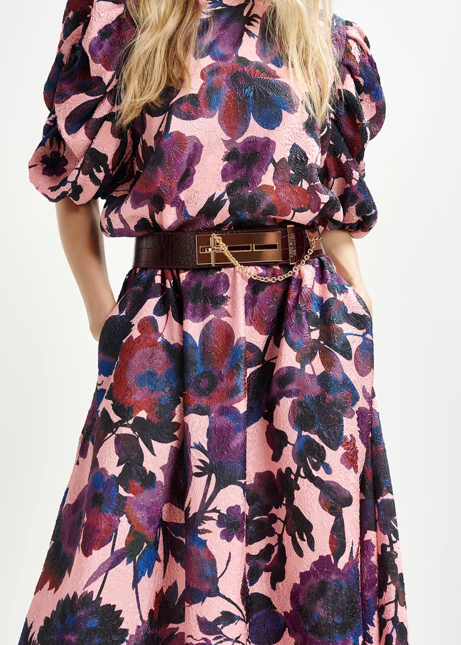 Pink, dark purple and dark blue floral-jacquard midi skirt