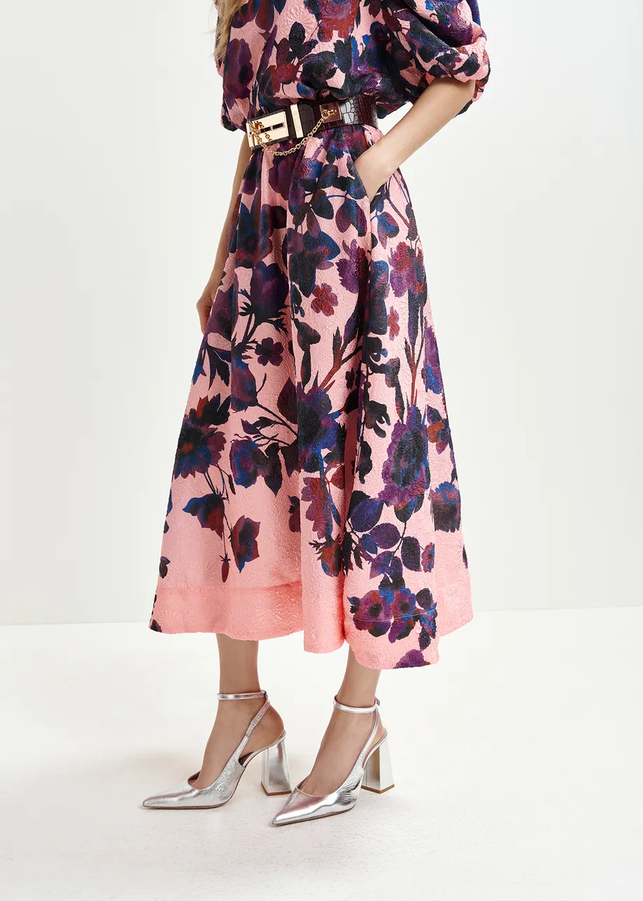 Pink, dark purple and dark blue floral-jacquard midi skirt