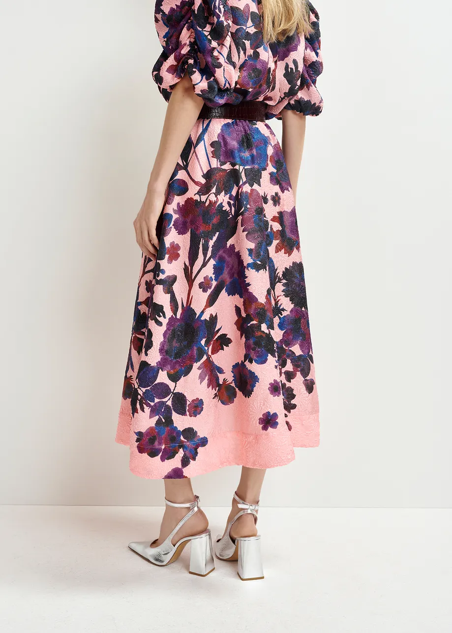 Pink, dark purple and dark blue floral-jacquard midi skirt