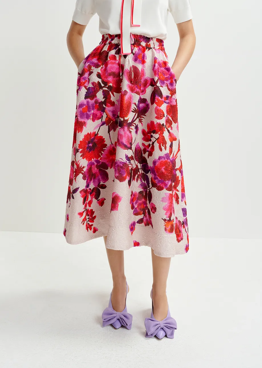 Cremefarbener, rosa und violetter Jacquard-Midirock mit Blumenmuster