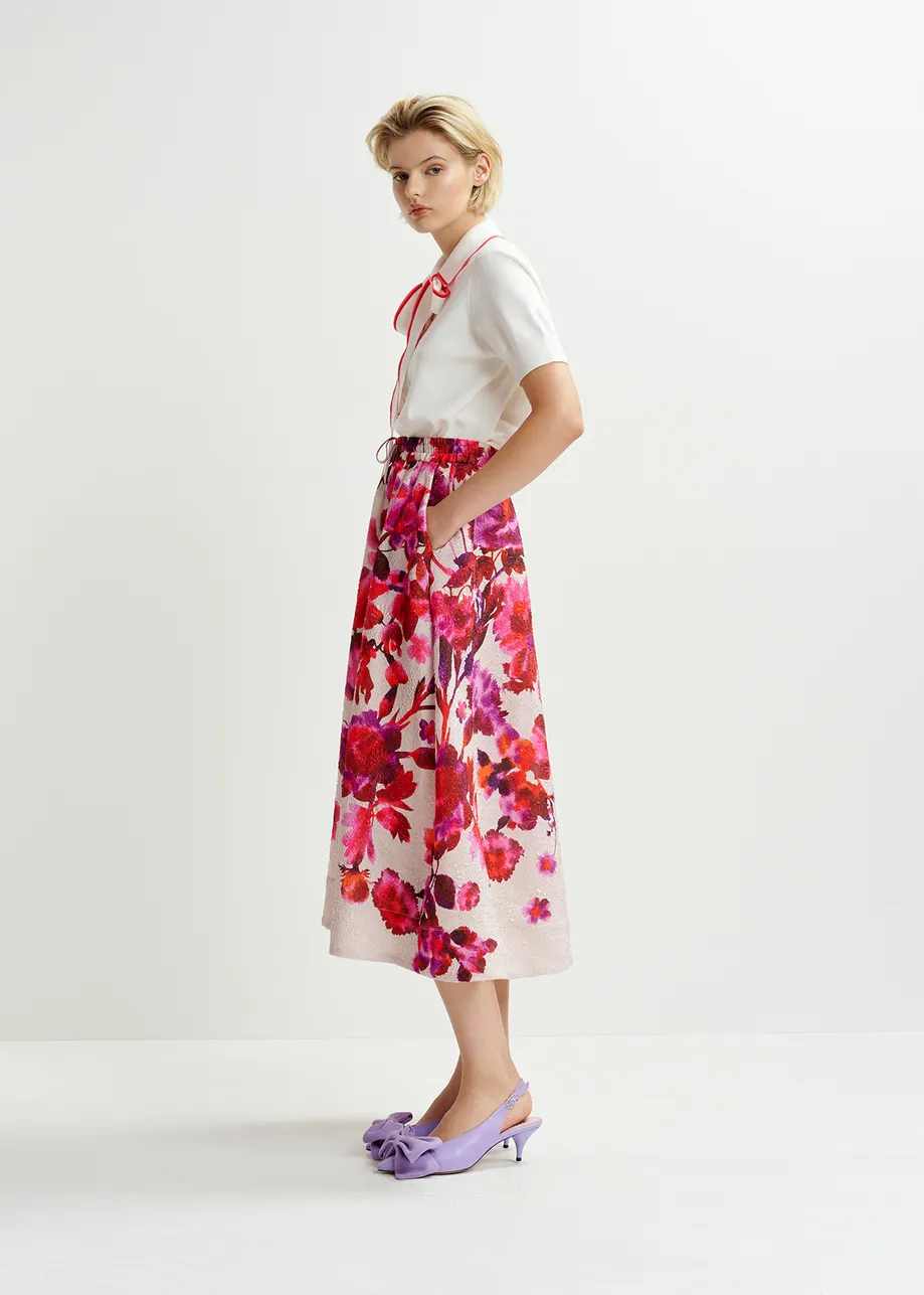 Cremefarbener, rosa und violetter Jacquard-Midirock mit Blumenmuster