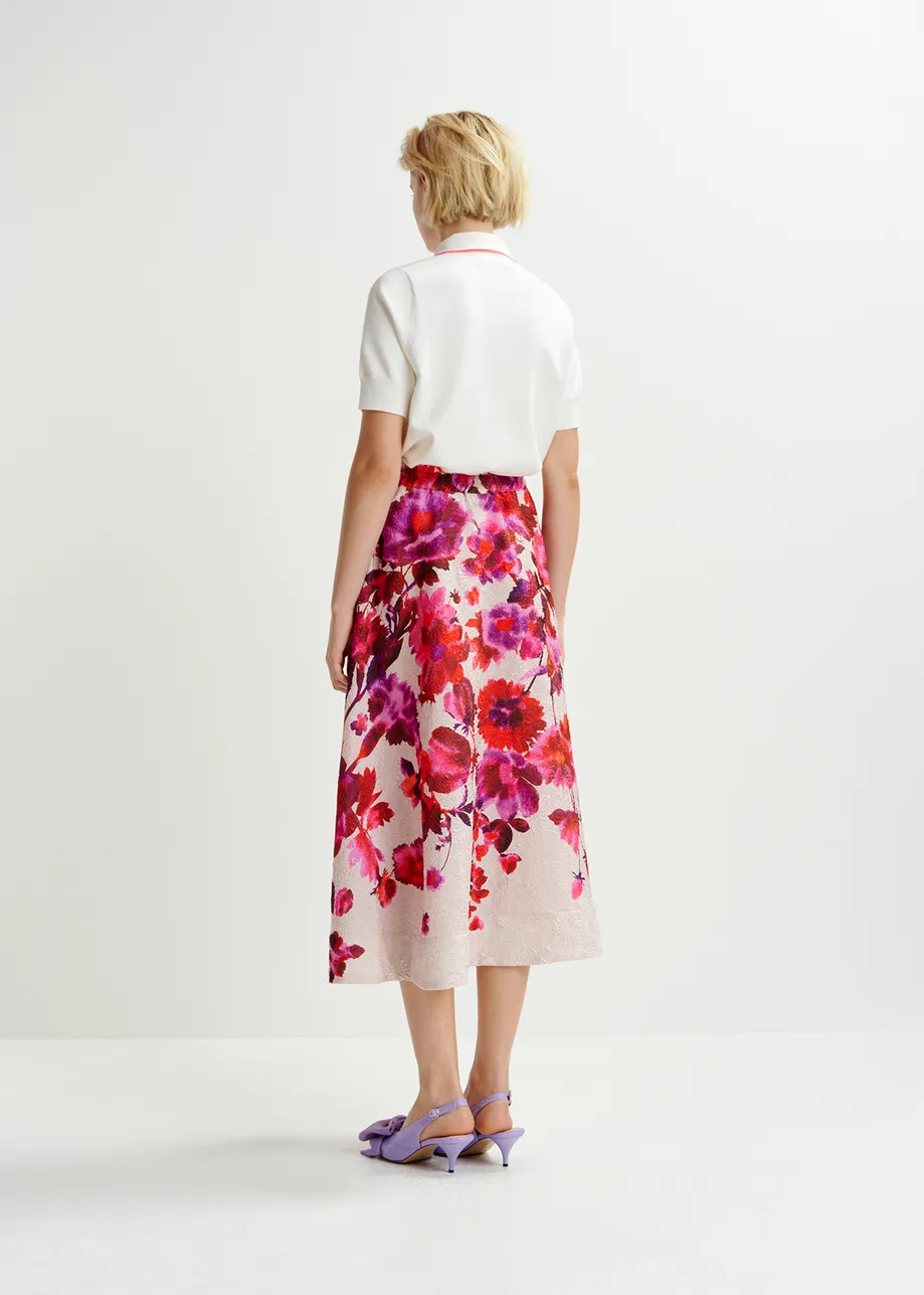 Cremefarbener, rosa und violetter Jacquard-Midirock mit Blumenmuster