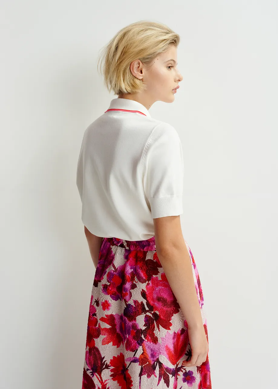 Cremefarbener, rosa und violetter Jacquard-Midirock mit Blumenmuster