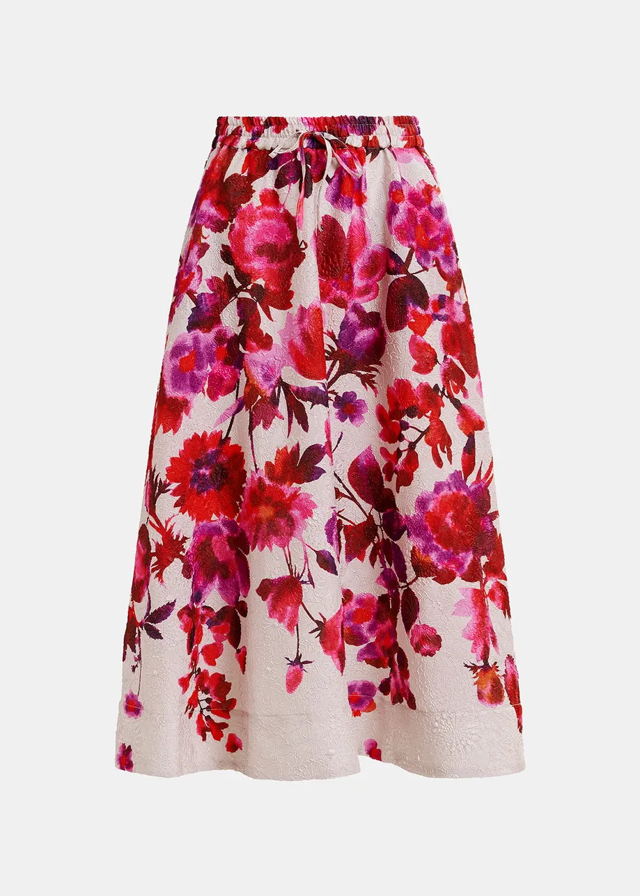 Falda midi de tejido jacquard floral, blanco roto, rosa y morado