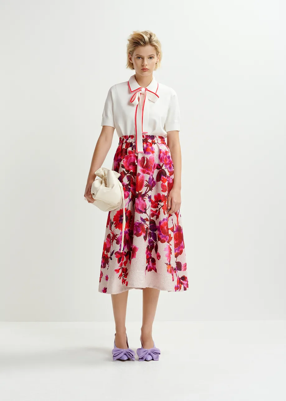 Off-white, pink and purple floral-jacquard midi skirt