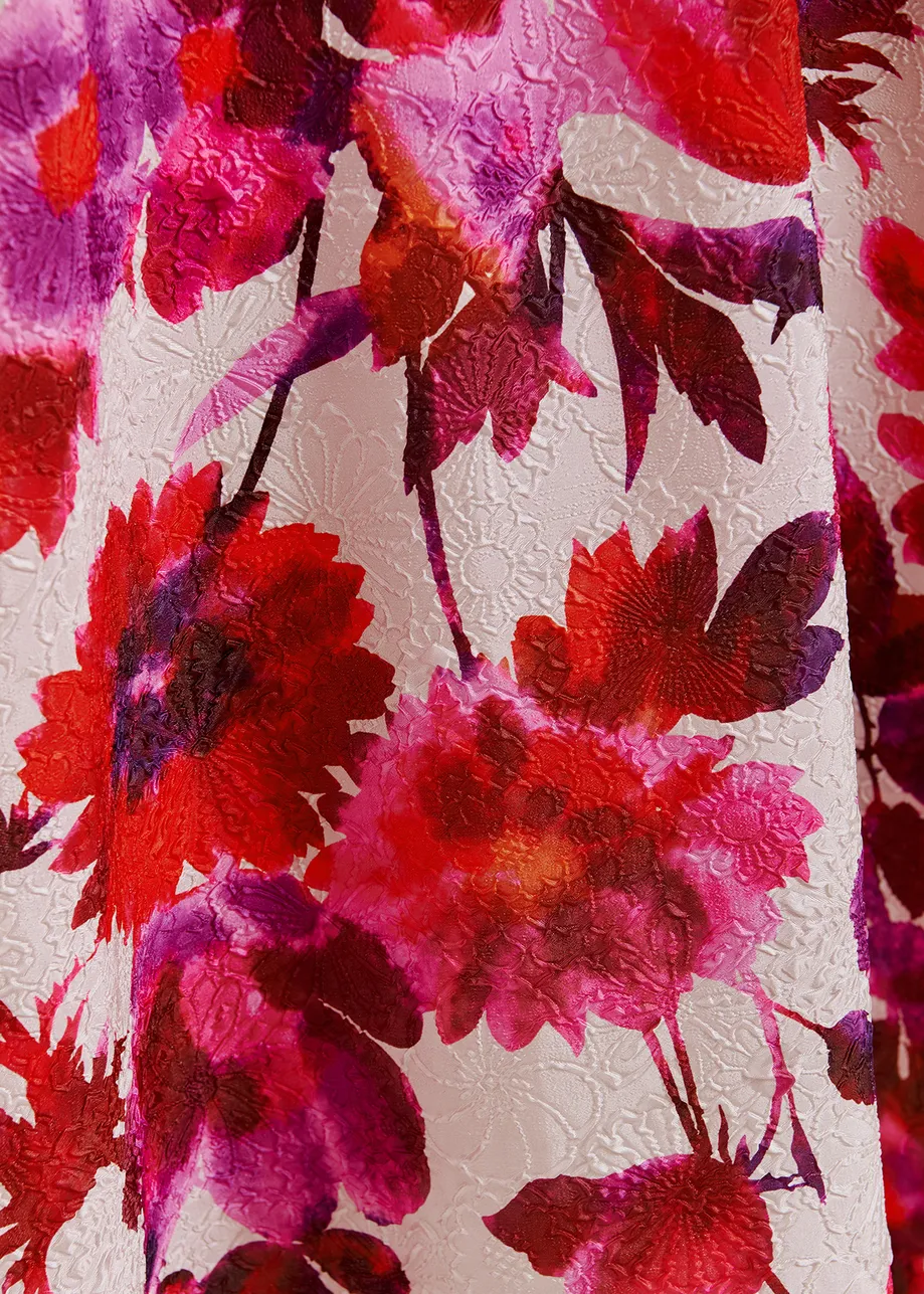 Jupe mi-longue jacquard fleuri blanc cassé, rose et violette