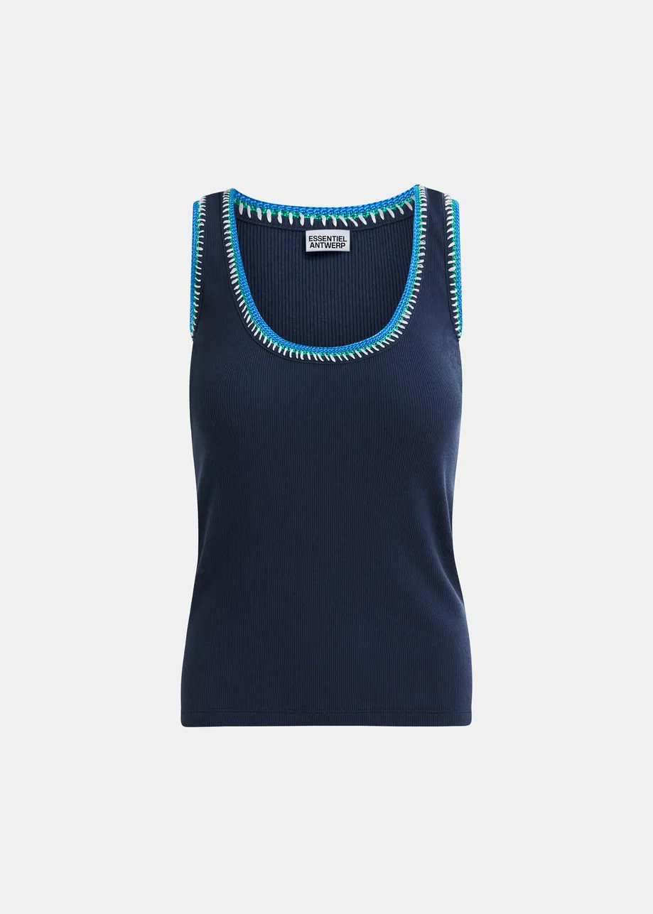 Dark blue organic cotton tank top with embroidery