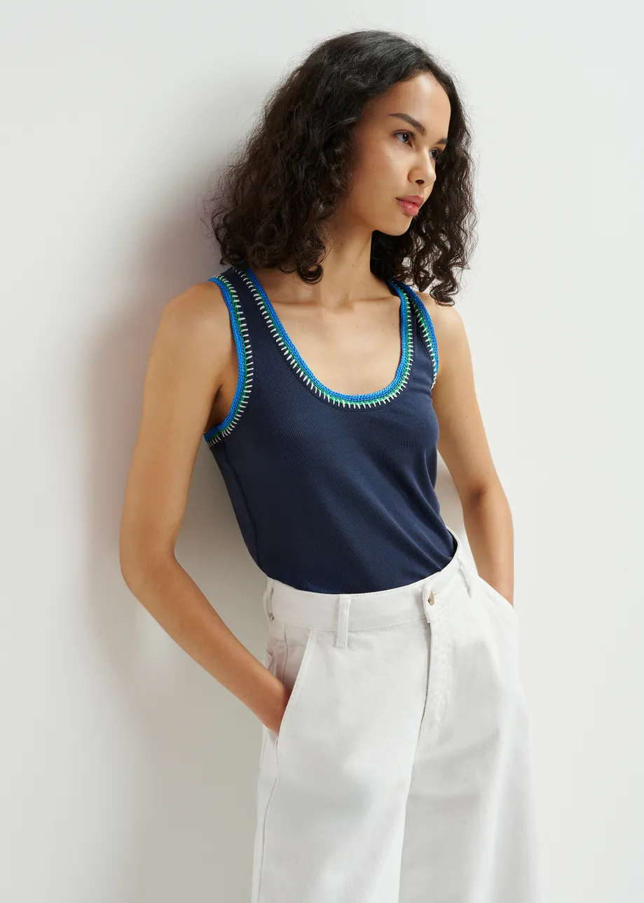 Dark blue organic cotton tank top with embroidery