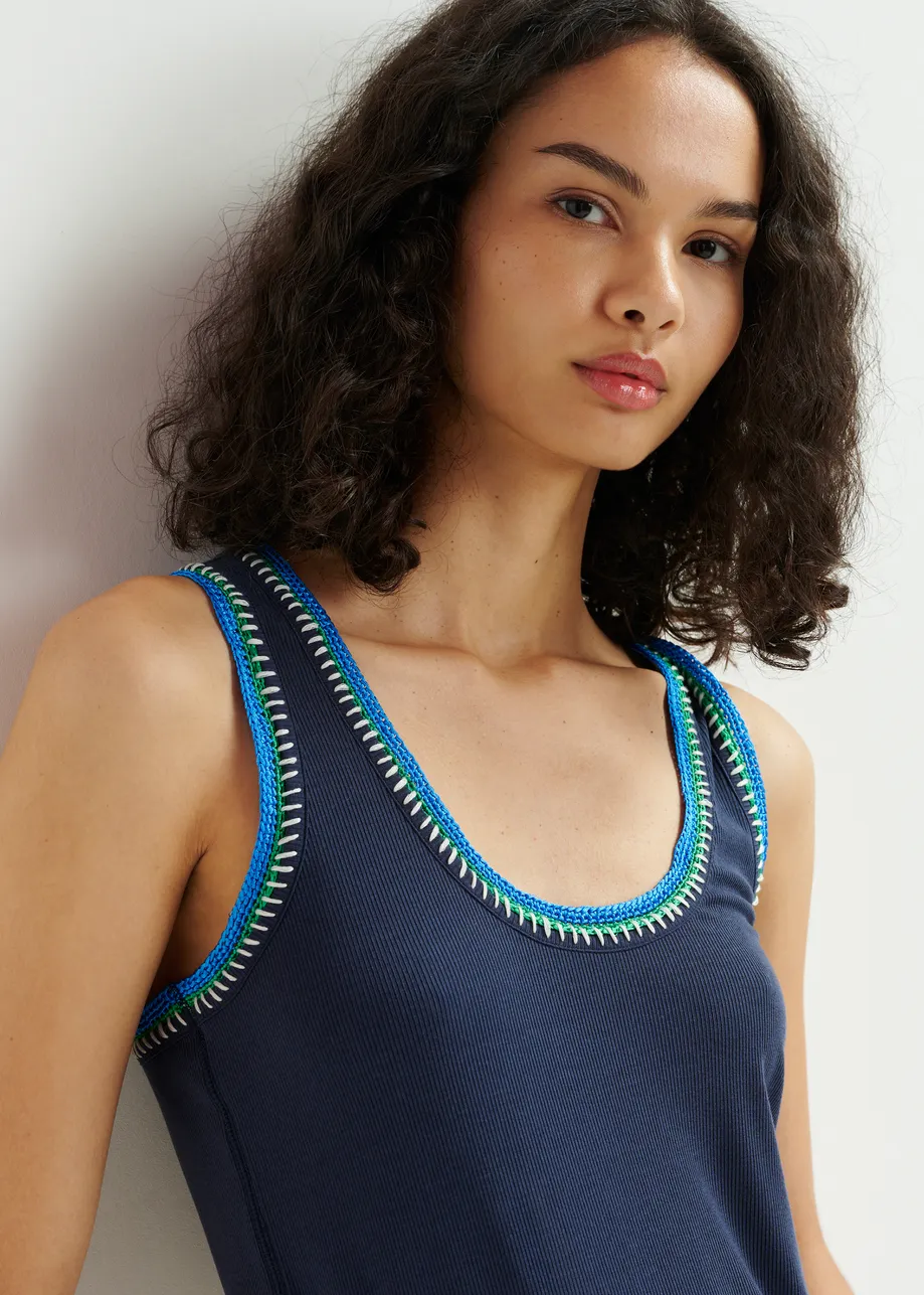 Dark blue organic cotton tank top with embroidery