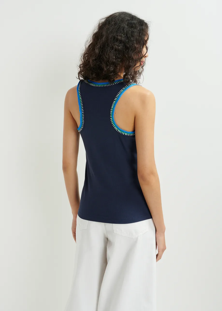 Dark blue organic cotton tank top with embroidery