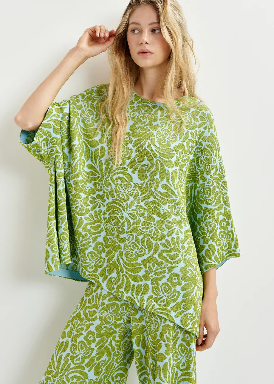 Groene en blauwe top in bloemenjacquard