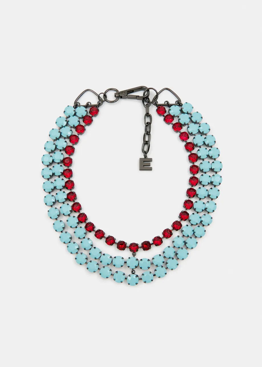 Blue and red layered rhinestone necklace