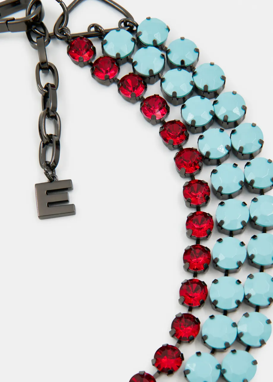 Collier strass superposé bleu et rouge