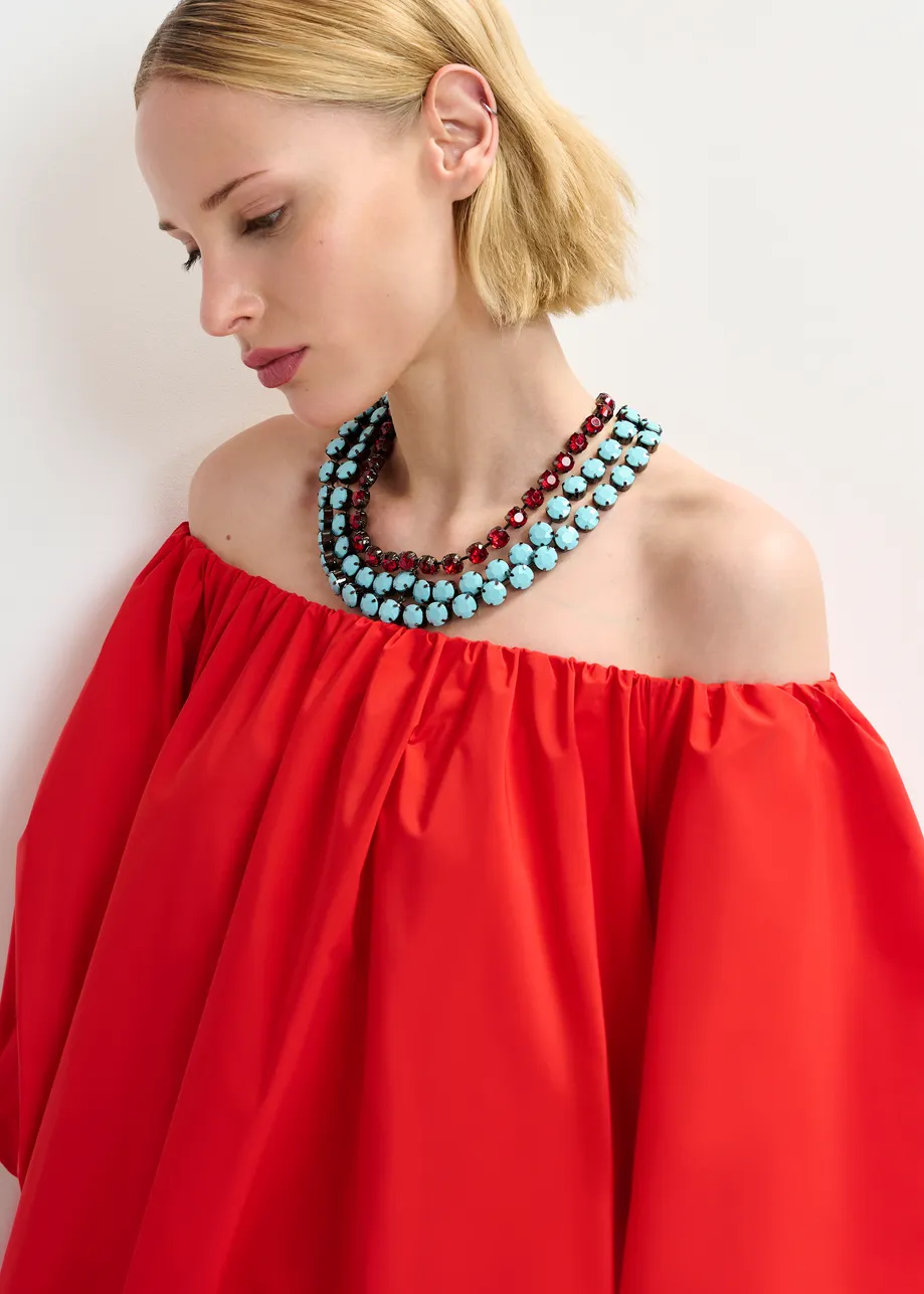 Collier strass superposé bleu et rouge