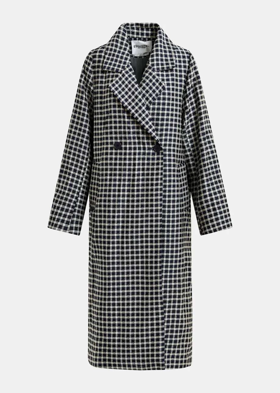 Dark blue and off-white double-breasted coat with check pattern