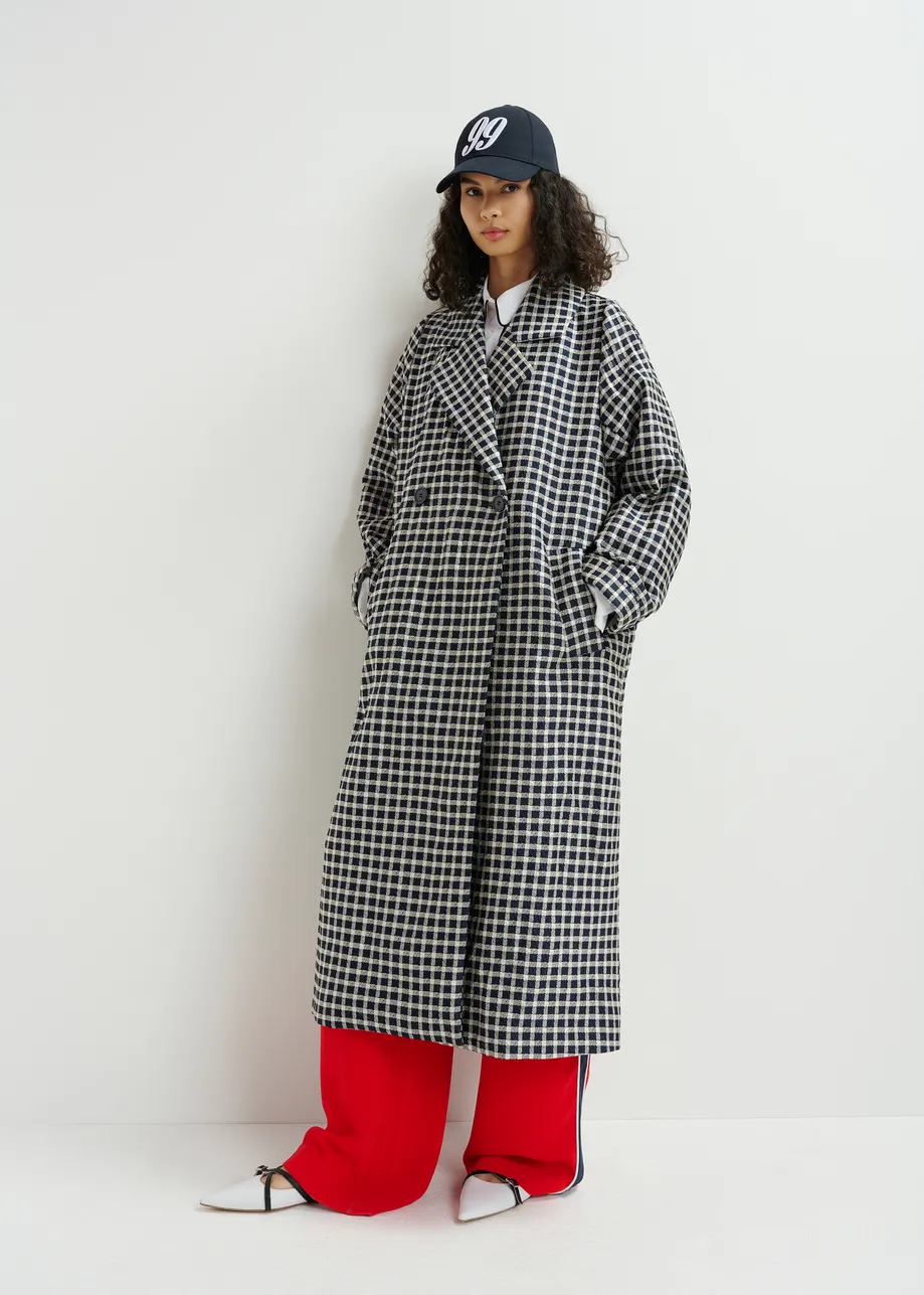 Dark blue and off-white double-breasted coat with check pattern