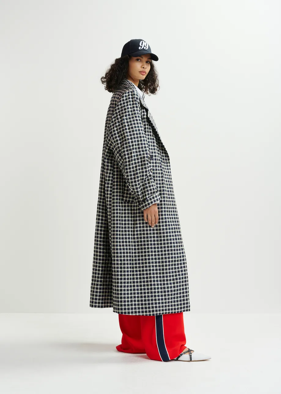 Dark blue and off-white double-breasted coat with check pattern