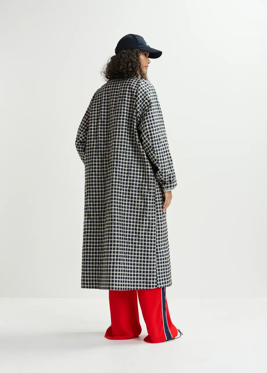 Dark blue and off-white double-breasted coat with check pattern