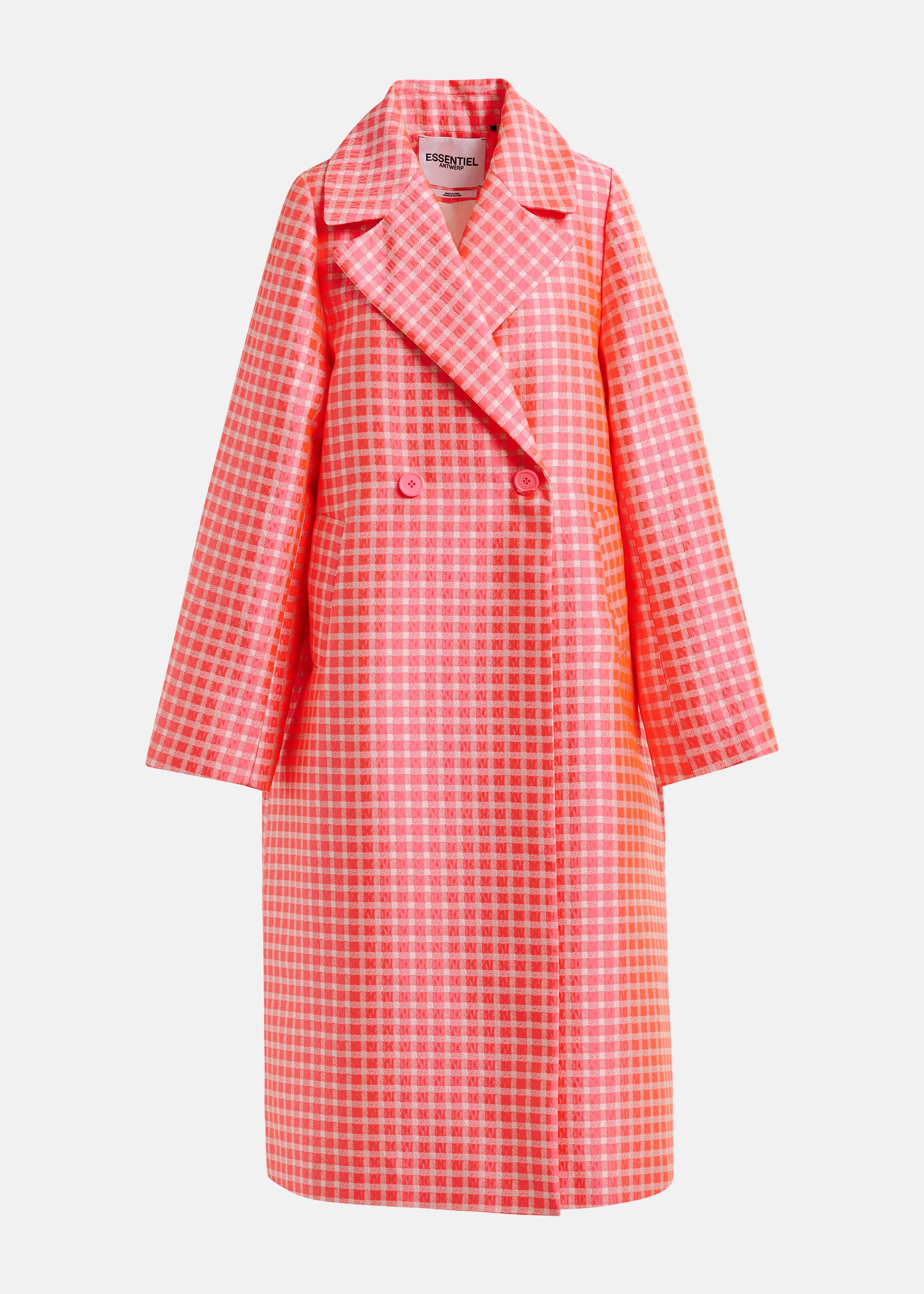 Orange and light pink double-breasted coat with check pattern