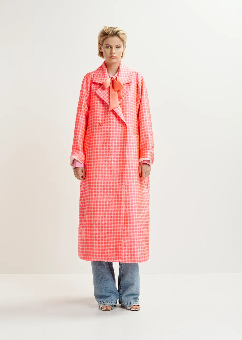 Orange and light pink double-breasted coat with check pattern