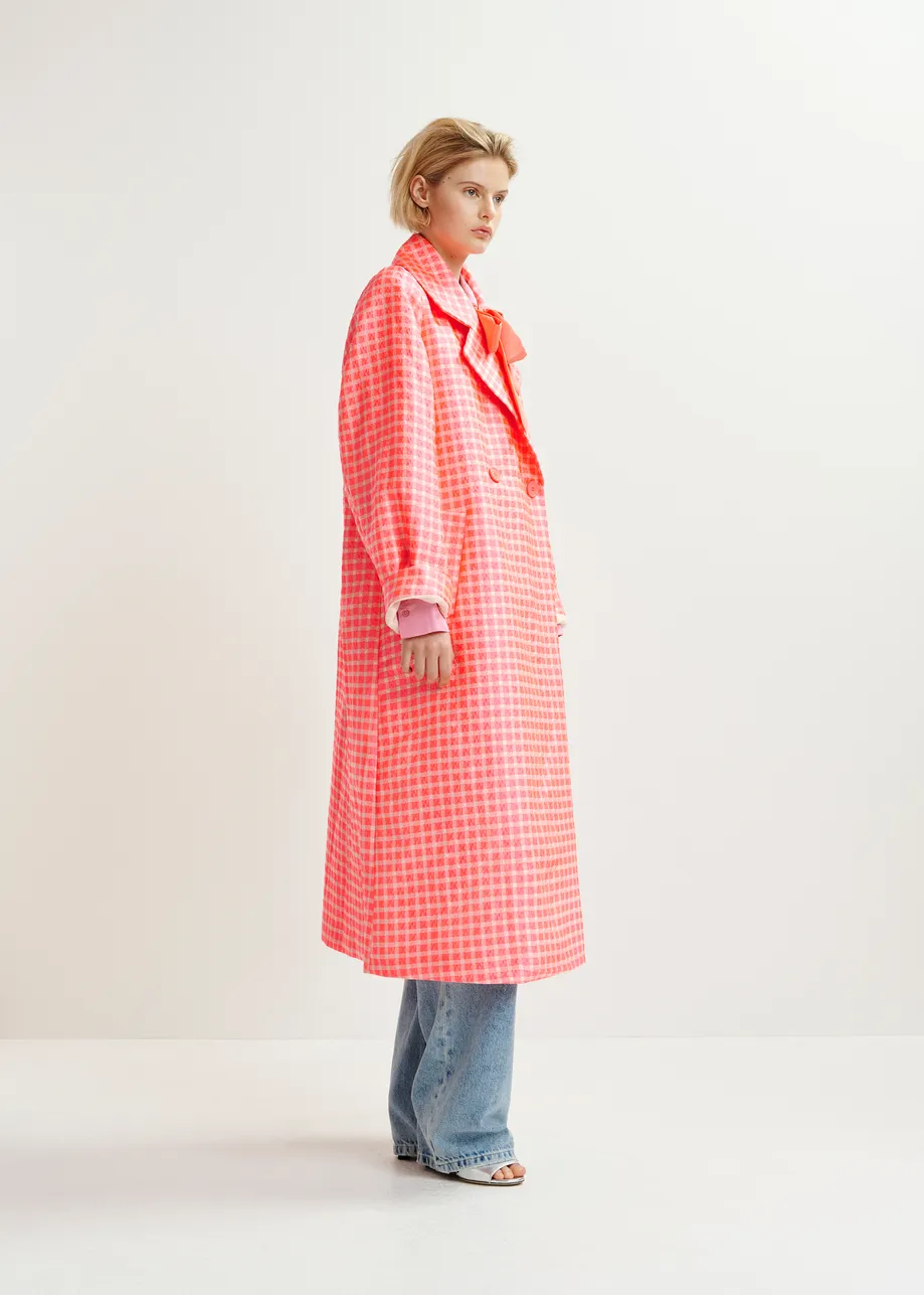 Orange and light pink double-breasted coat with check pattern