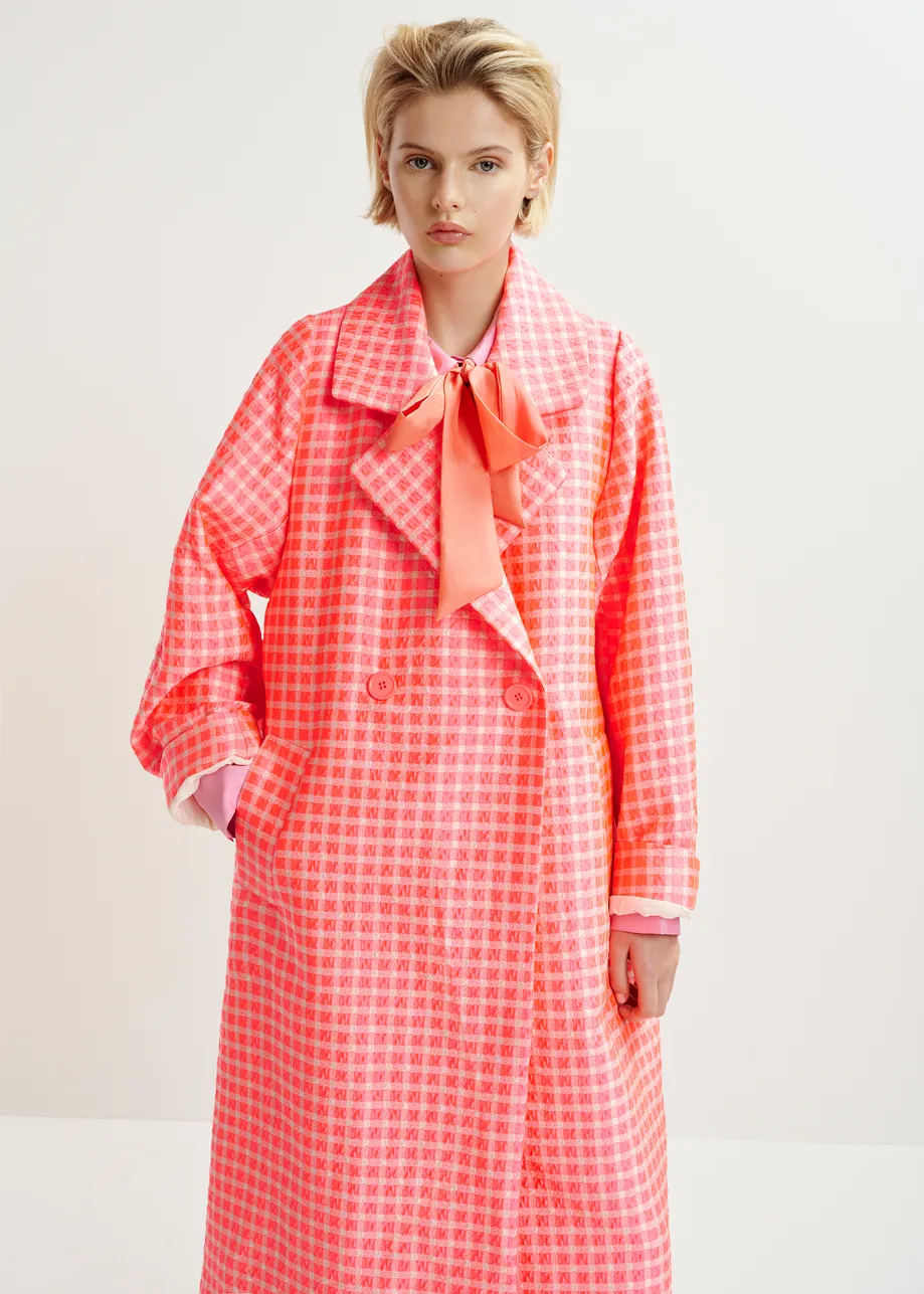 Orange and light pink double-breasted coat with check pattern