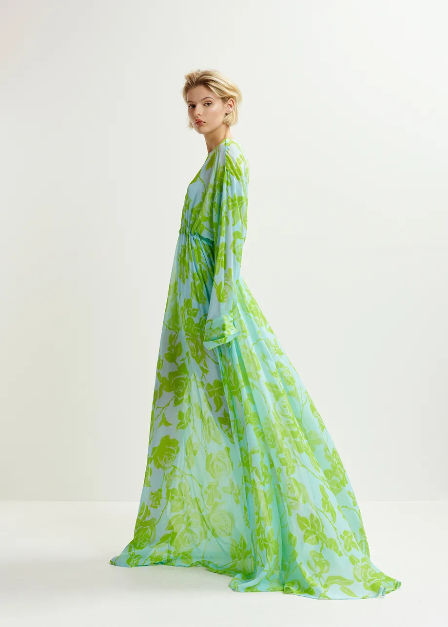 Light blue and green maxi-length dress with floral print