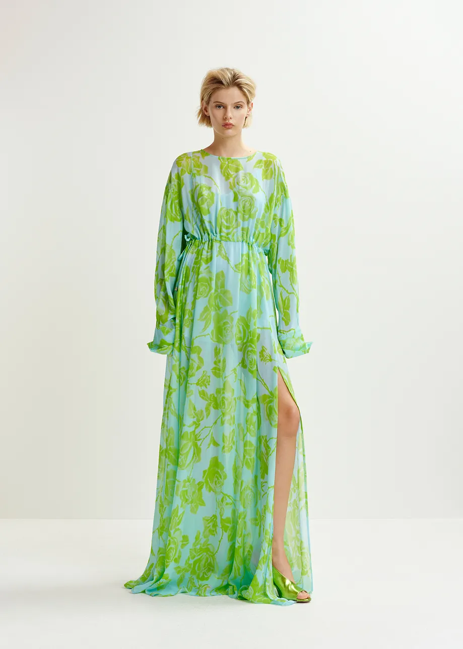 Lichtblauwe en groene maxi-jurk met bloemenprint