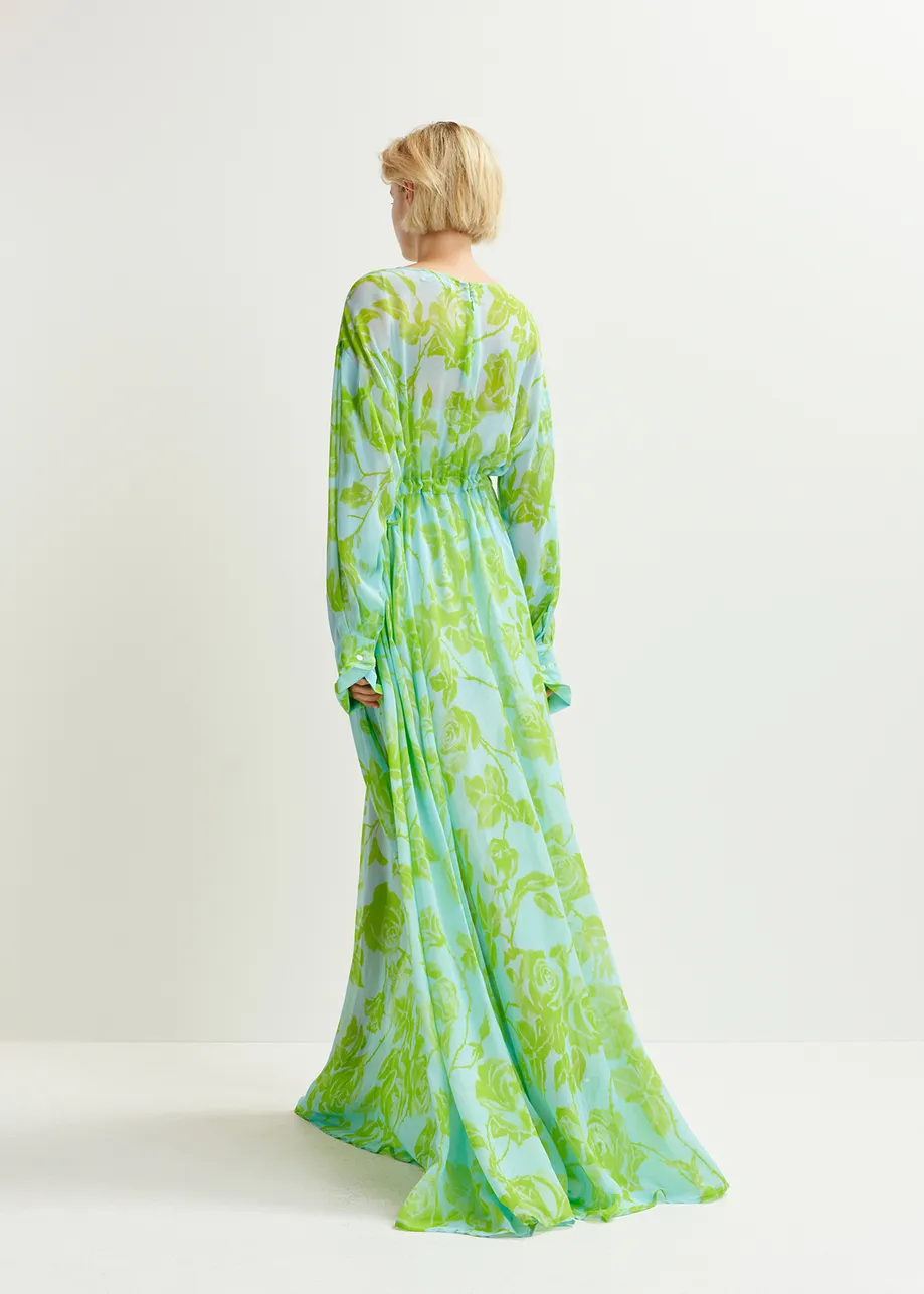 Lichtblauwe en groene maxi-jurk met bloemenprint