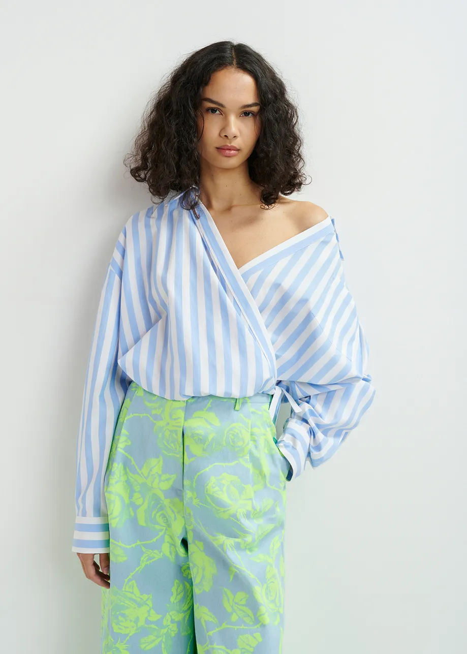 White and blue striped wrap-effect blouse