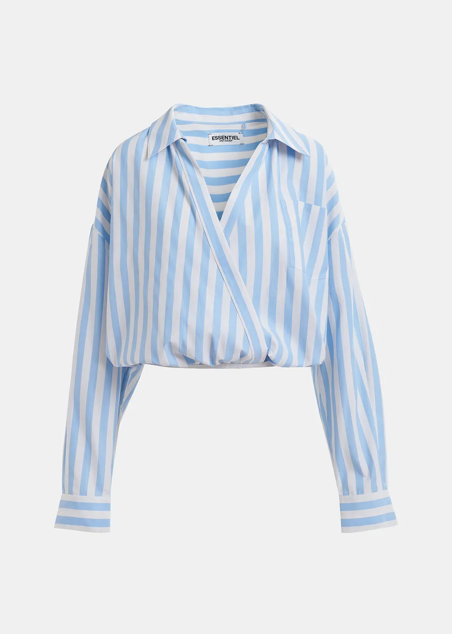 White and blue striped wrap-effect blouse