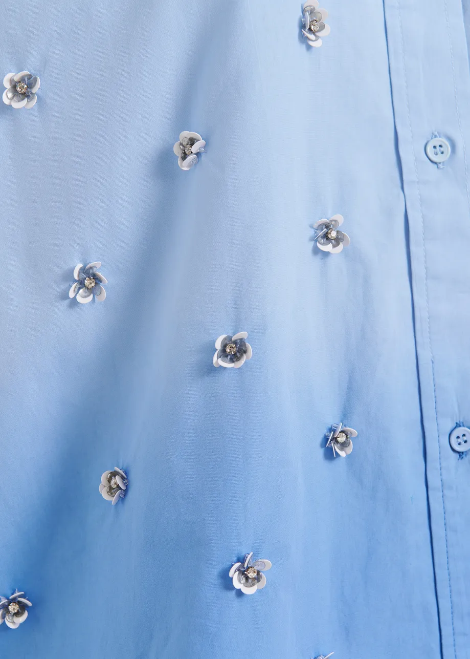 Light and dark blue ombré shirt with sequin and bead embellishments