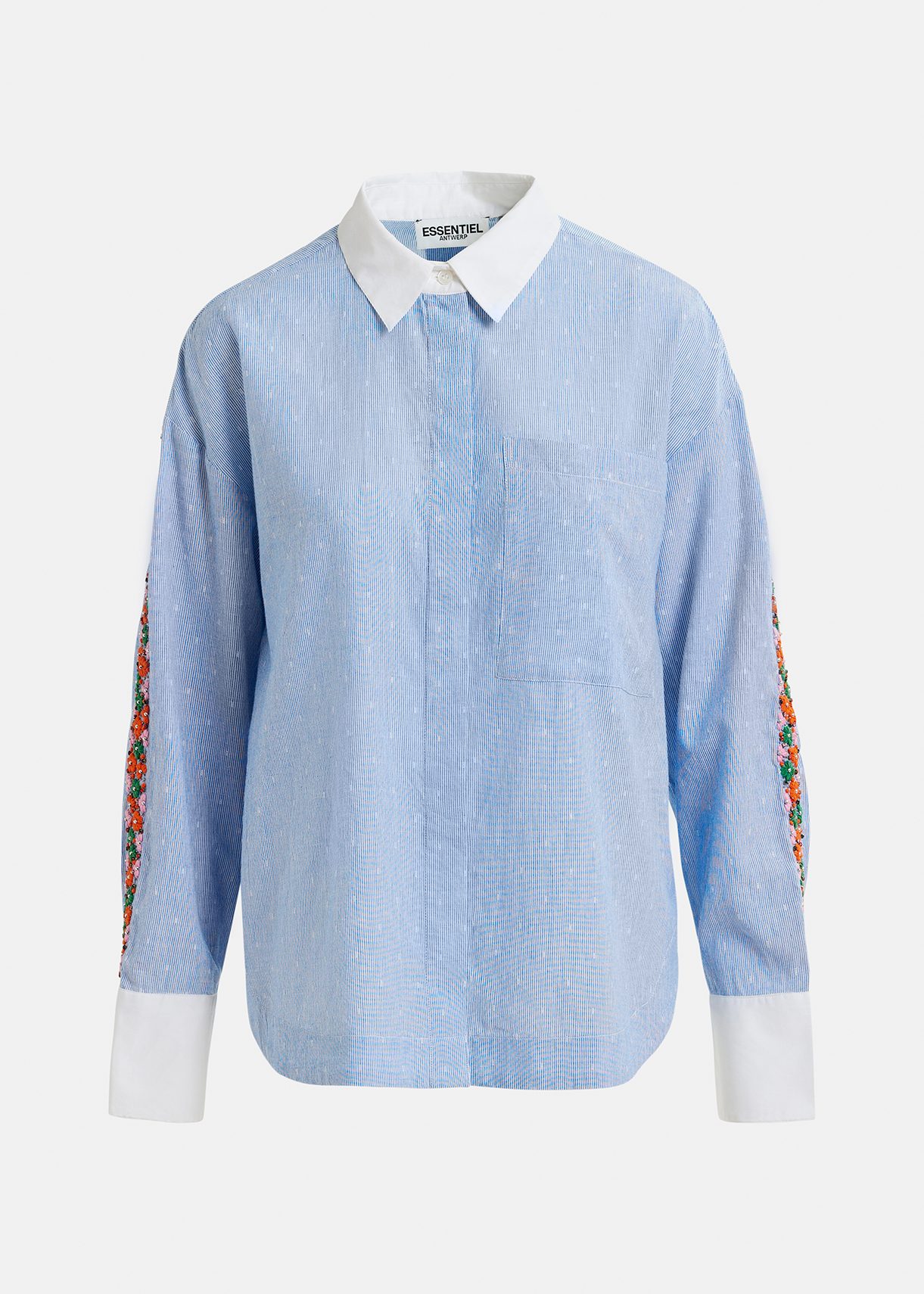 Blue and white pinstriped cotton shirt with flower embroidery