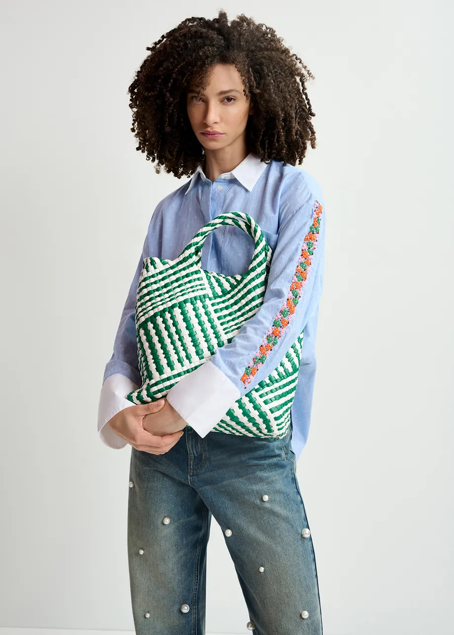 Blue and white pinstriped cotton shirt with flower embroidery