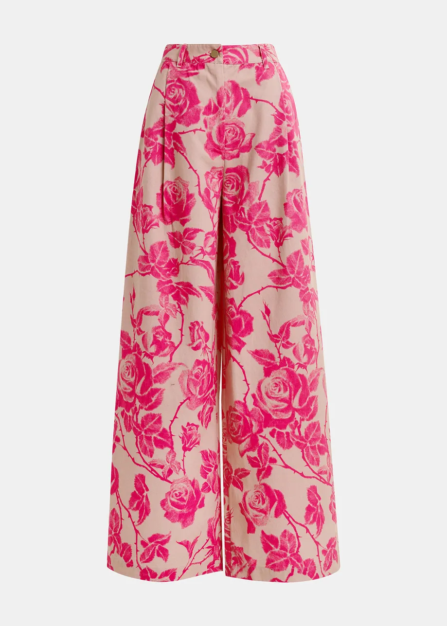 Pink floral-print wide-leg jeans