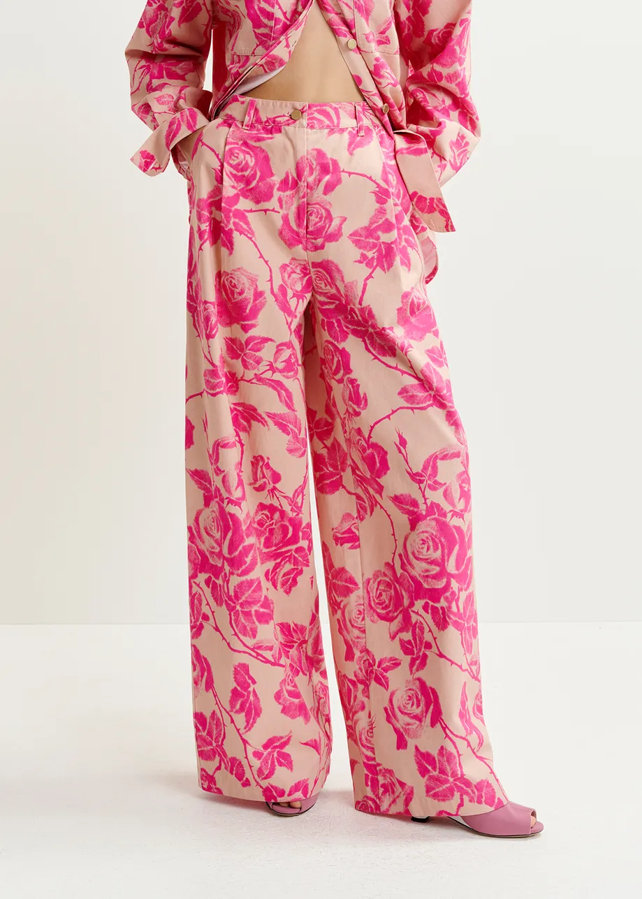 Pink floral-print wide-leg jeans