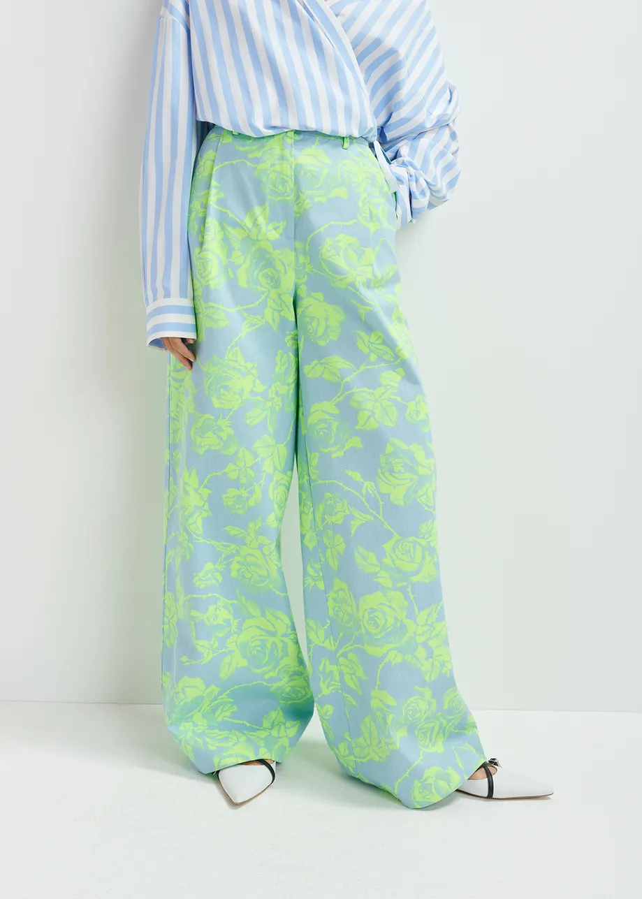 Light blue and mint green floral-print wide-leg jeans