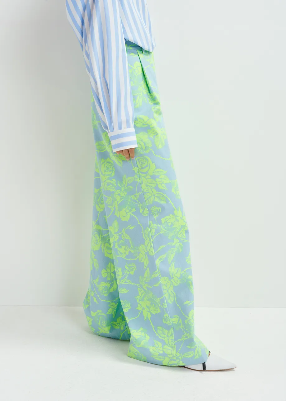 Light blue and mint green floral-print wide-leg jeans