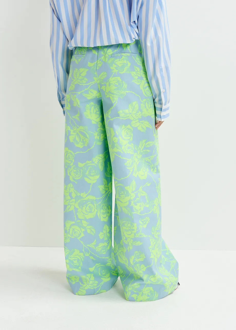 Light blue and mint green floral-print wide-leg jeans