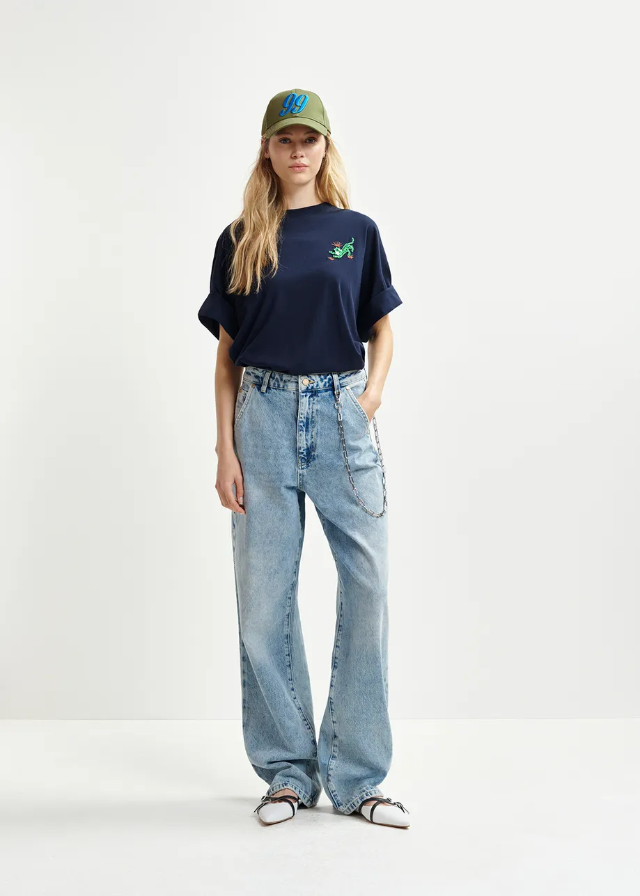 Blue wide-leg jeans with patch pockets