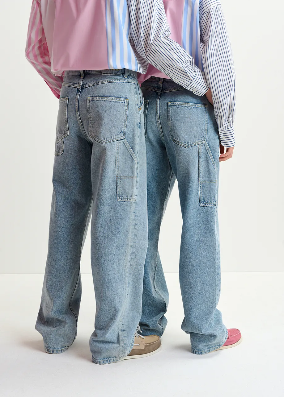 Blue wide-leg jeans with patch pockets