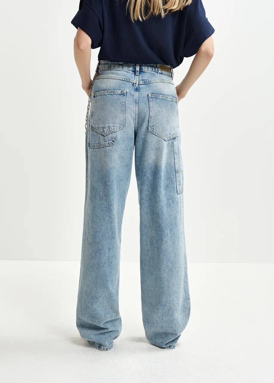 Blue wide-leg jeans with patch pockets