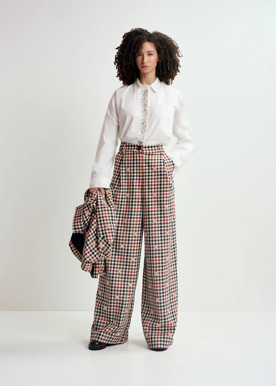 Beige, dark blue and red checkered wide-leg pants