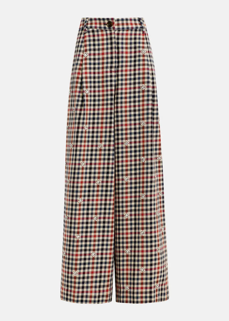 Beige, dark blue and red checkered wide-leg pants