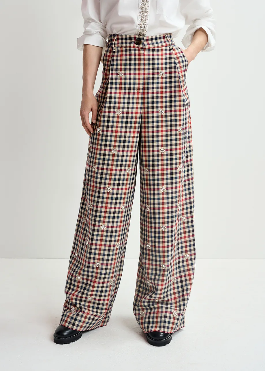 Beige, dark blue and red checkered wide-leg pants