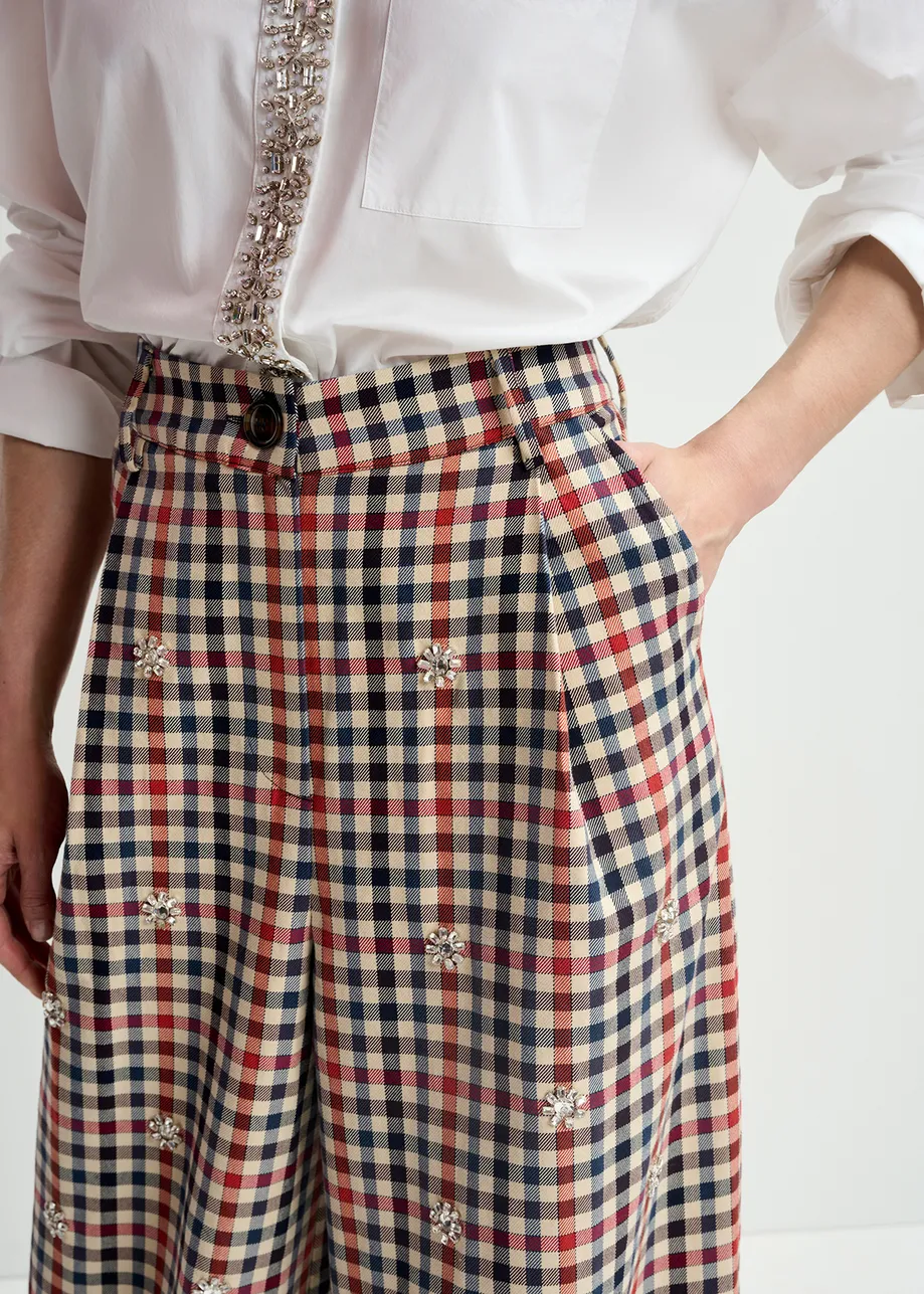 Beige, dark blue and red checkered wide-leg pants