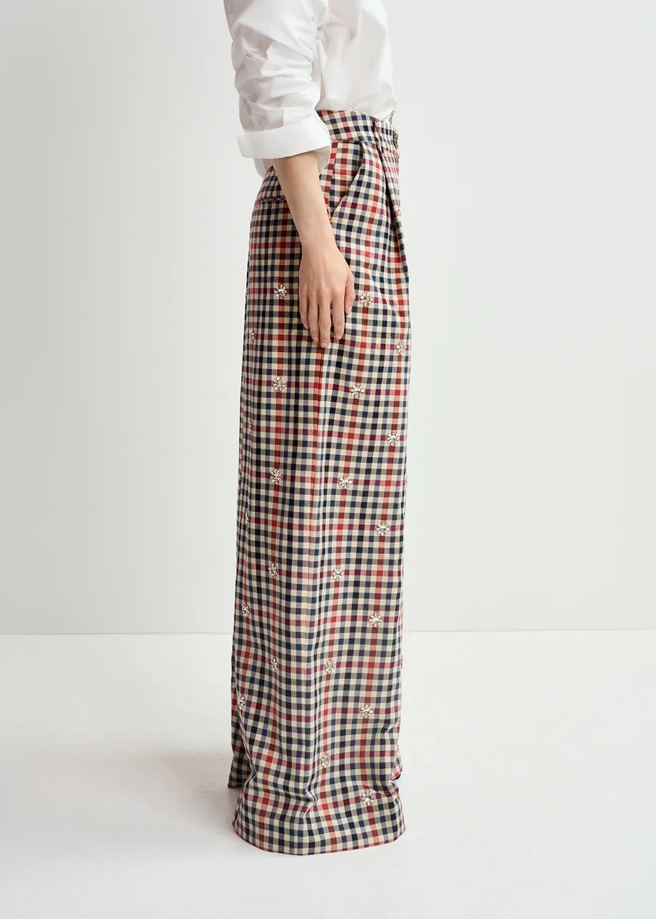 Beige, dark blue and red checkered wide-leg pants