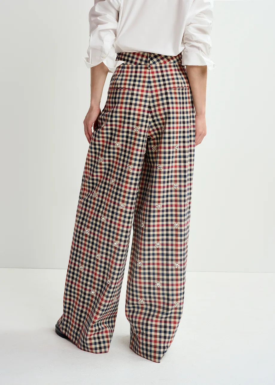 Beige, dark blue and red checkered wide-leg pants