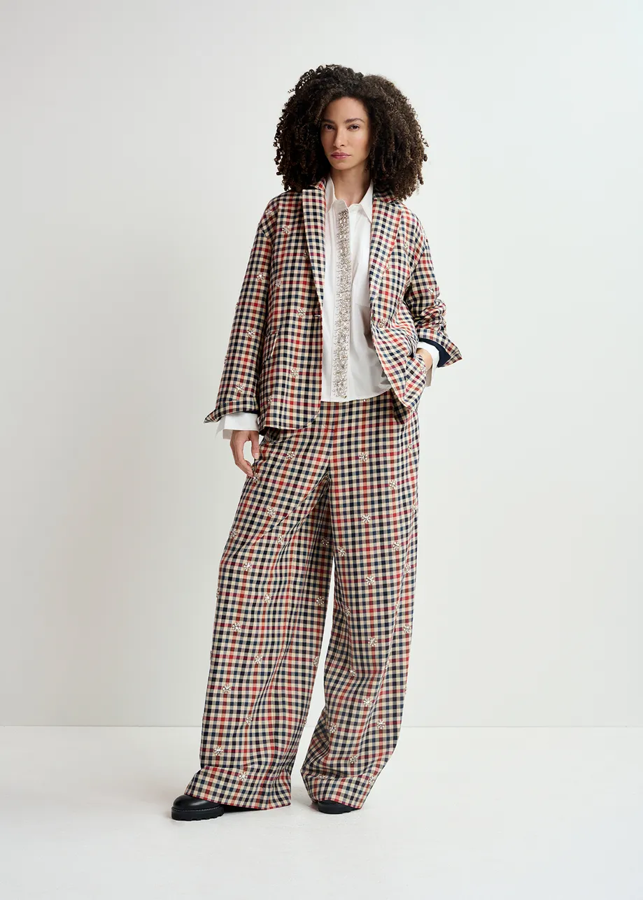 Beige, dark blue and red checkered wide-leg pants